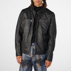 Far-Fast Men’s Leather Cafe Racer Biker Jacket In Black