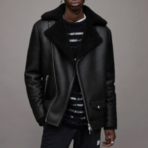 Far-Fast Men’s Leather Shearling Biker Jacket In Back