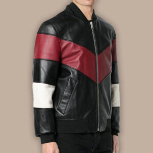 Far-Fast Men’s Black Leather Red White Stripe Bomber Jacket