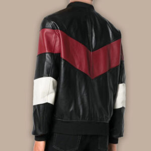 Far-Fast Men’s Black Leather Red White Stripe Bomber Jacket