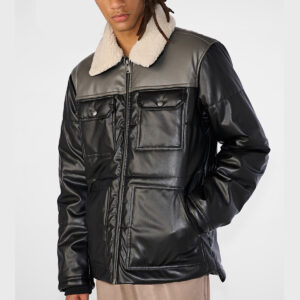 Far-Fast Men’s Leather Puffer Jacket In Black With Removable Shearling Collar