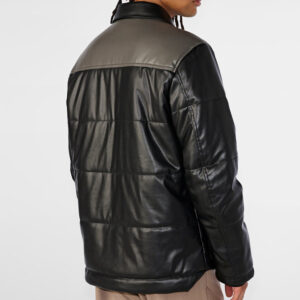 Far-Fast Men’s Leather Puffer Jacket In Black With Removable Shearling Collar