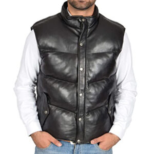 Far-Fast Men’s Leather Puffer Vest In Black