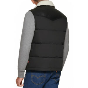 Far-Fast Men’s Puffer Leather Vest In Black With Shearling Collar