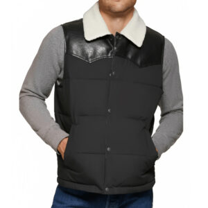 Far-Fast Men’s Puffer Leather Vest In Black With Shearling Collar