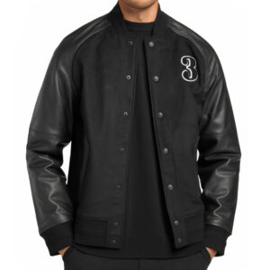 Far-Fast Men’s Varsity Bomber Leather Jacket In Black