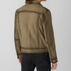 Far-Fast Men’s Suede Leather Trucker Jacket In Olive Green