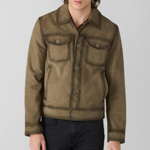 Far-Fast Men’s Suede Leather Trucker Jacket In Olive Green