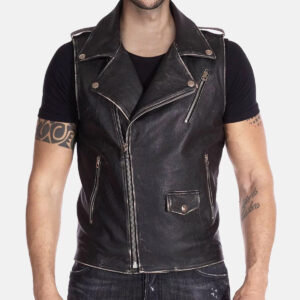 Far-Fast Men’s Distressed Leather Biker Vest In Black