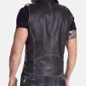 Far-Fast Men’s Distressed Leather Biker Vest In Black