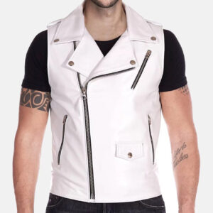 Far-Fast Men’s Leather Biker Vest In White