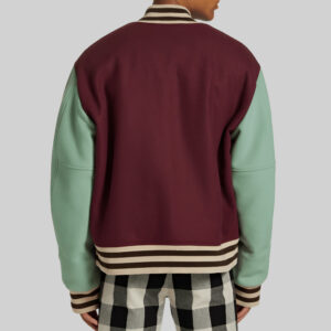 Far-Fast Men’s Varsity Bomber Leather Jacket In Wine Red & Sky Blue Sleeves